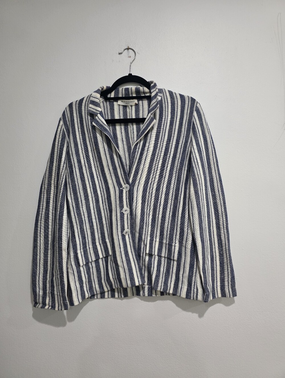 Amina Rubinacci Italian Blue White Striped Knit Blazer Jacket Size 44 / L